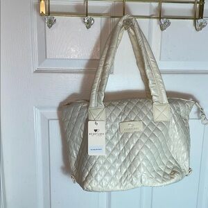 NWT Heart love Quilted Large Tote Bag Cream Off White with Change Purse